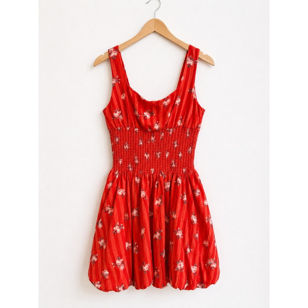 Anthropologie L Floral Striped Smocked Bubble Hem Mini‎ Dress Milkmaid Coquette